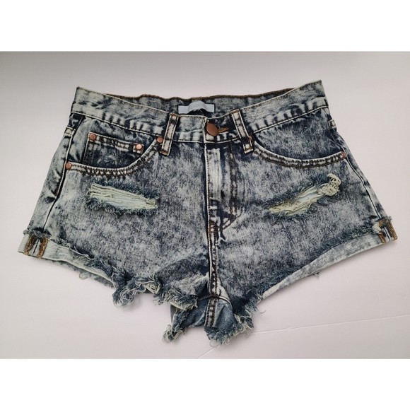 Olivaceous Womens Cut Off Distressed Mid-Rise Shorts Blue Cotton Denim Size L - Picture 2 of 6